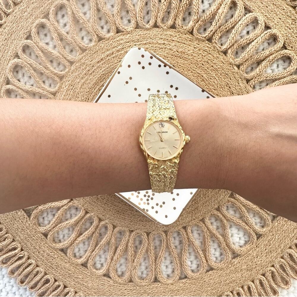 Helbros Vintage Gold Nugget Texture Diamond Chip Women Quiet Luxury Round Watch